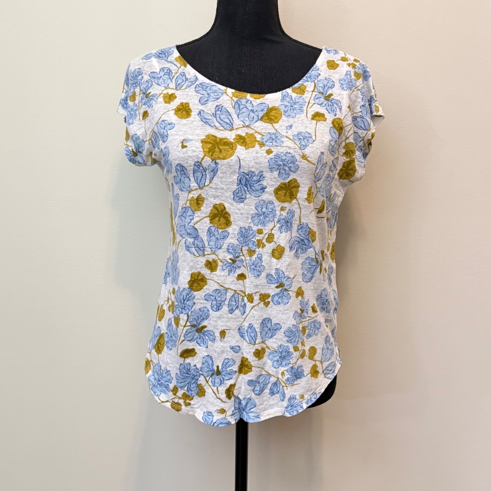 Joie Women Blue Floral 100% Linen Short Sleeve Scoop Neck Top Womens M Coastal